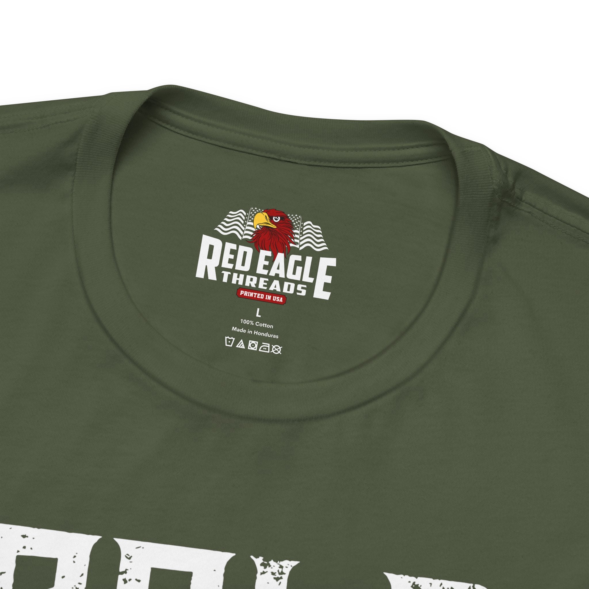 Military Green t-shirt with Red Eagle Threads logo on a white background