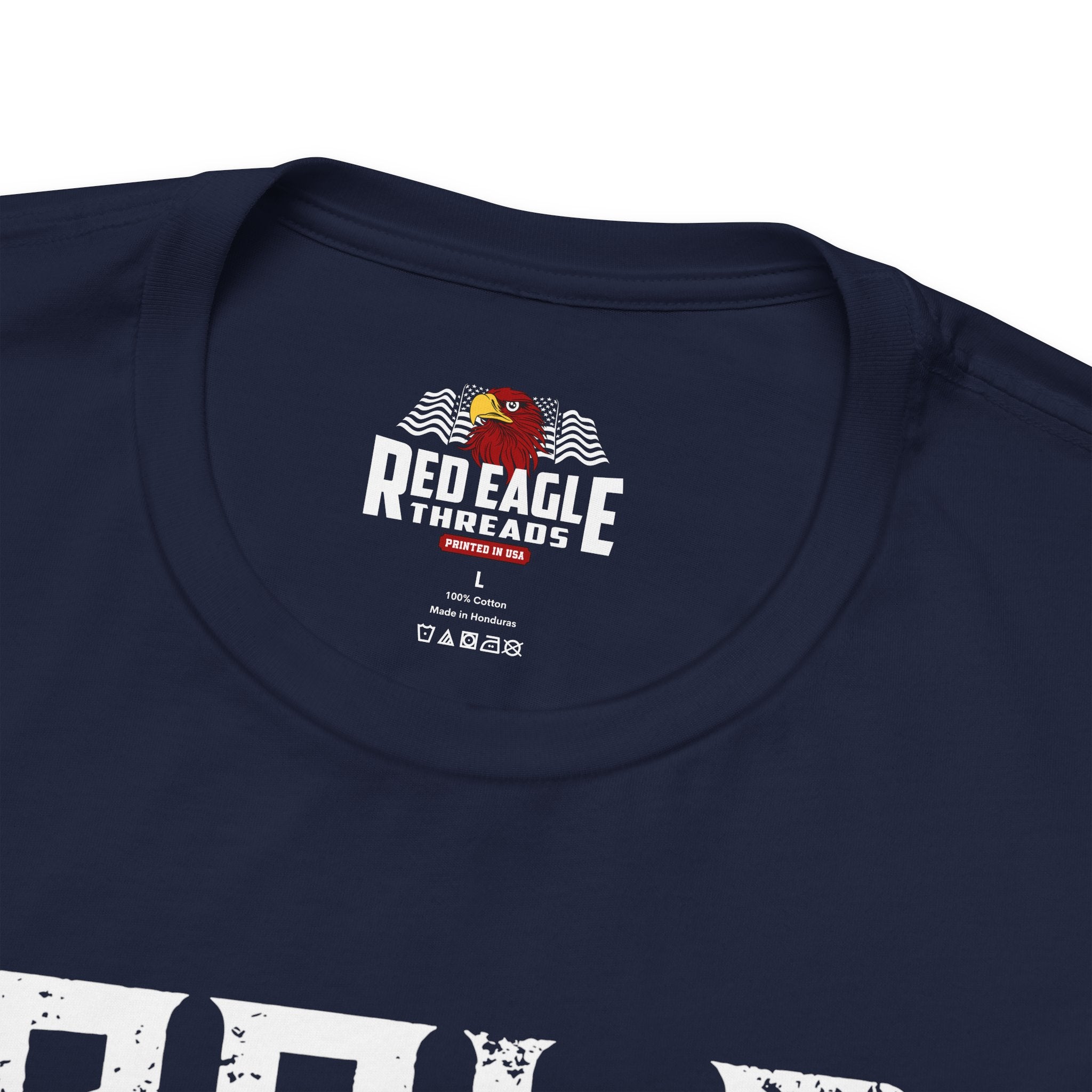 Navy blue t-shirt with 'Red Eagle Threads' logo on a white background