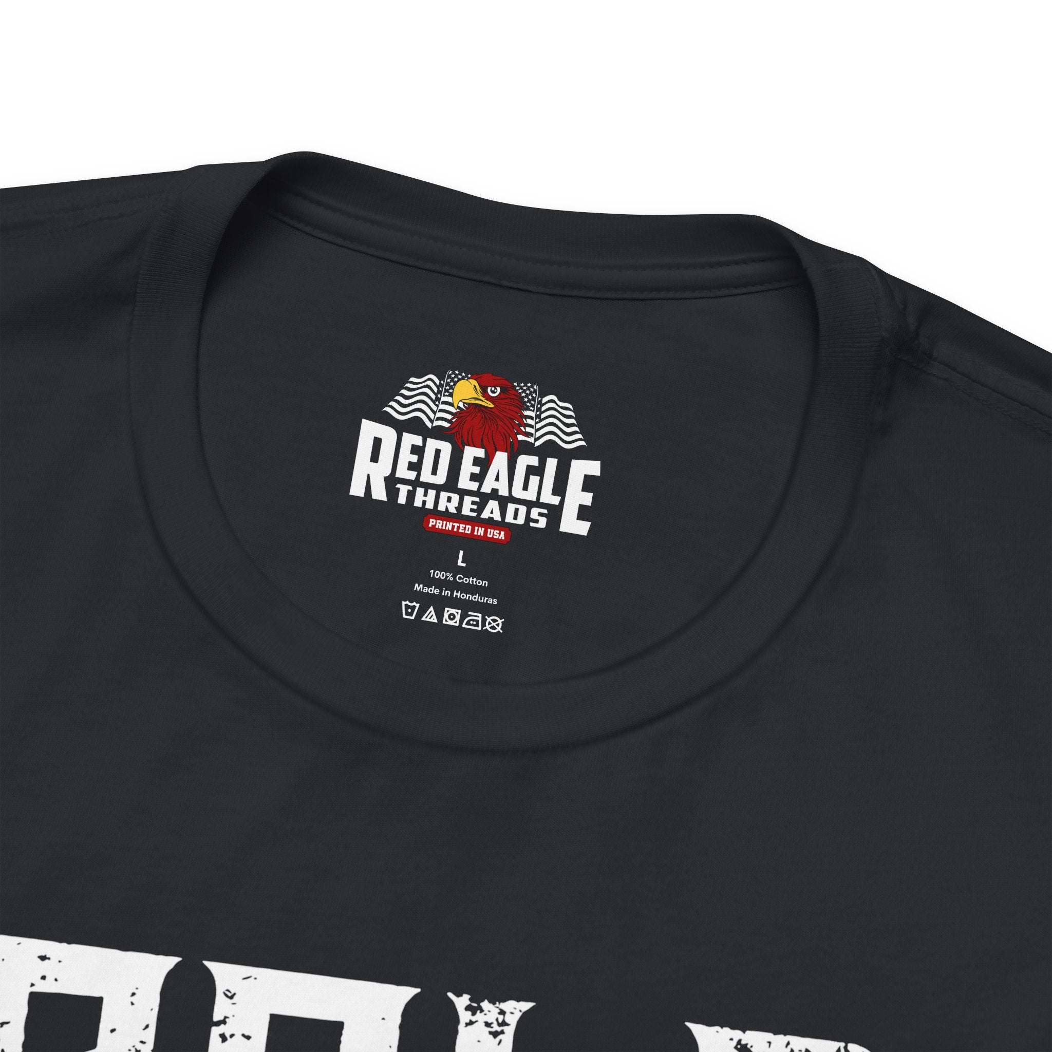 Black t-shirt with Red Eagle Threads logo on a white background