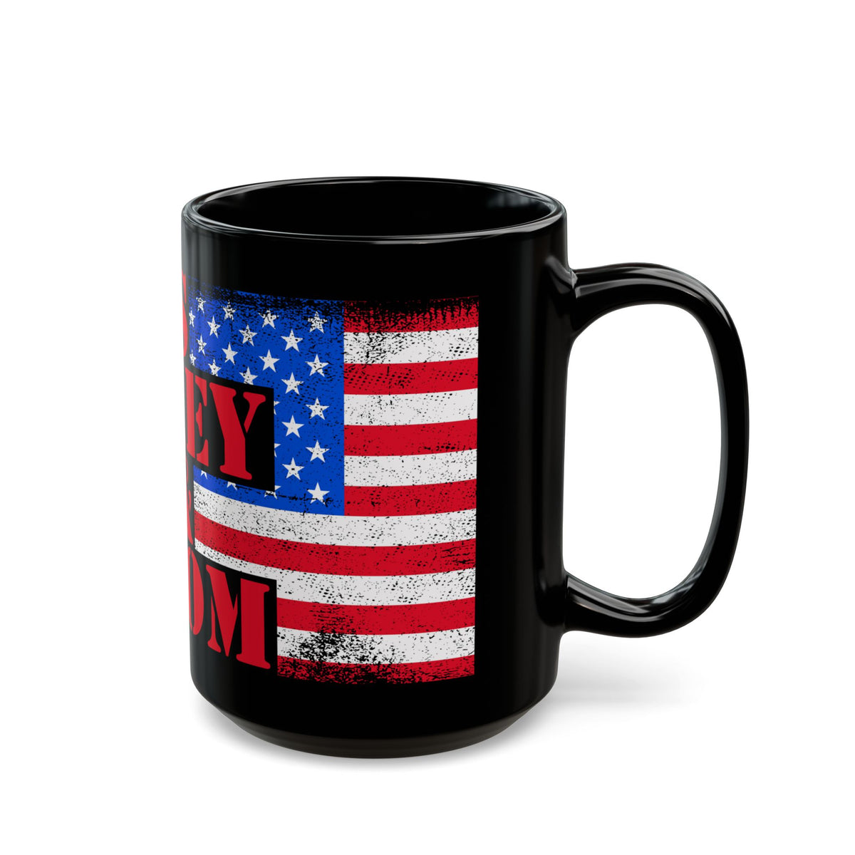 Black mug with American flag design and 'Mom' text on a white background