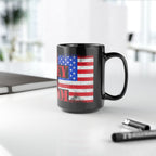 Black mug with American flag design on a desk