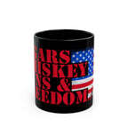 Black mug with American flag and text design on a white background