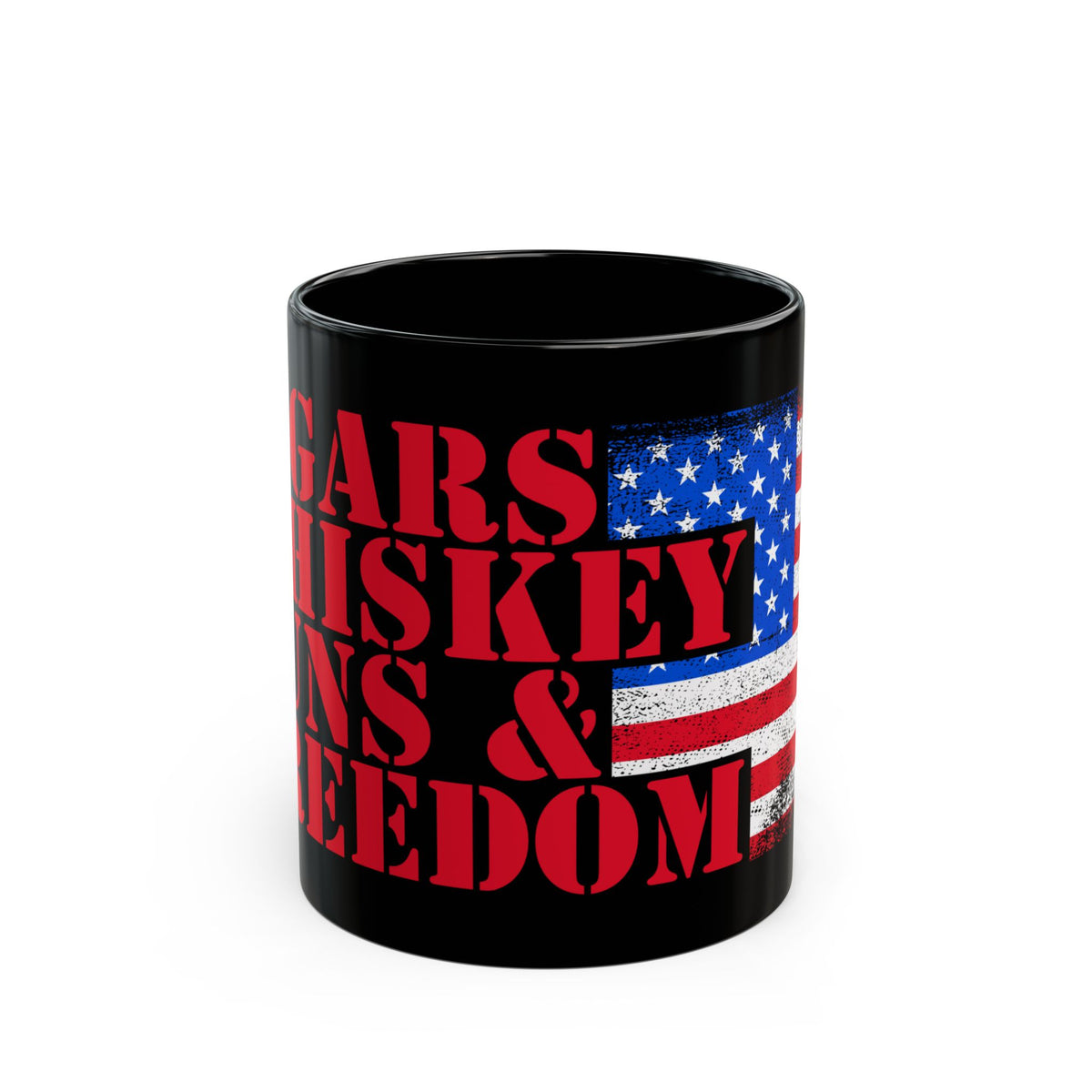 Black mug with American flag and text design on a white background