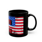 Black mug with American flag design and 'DAD' text on a white background