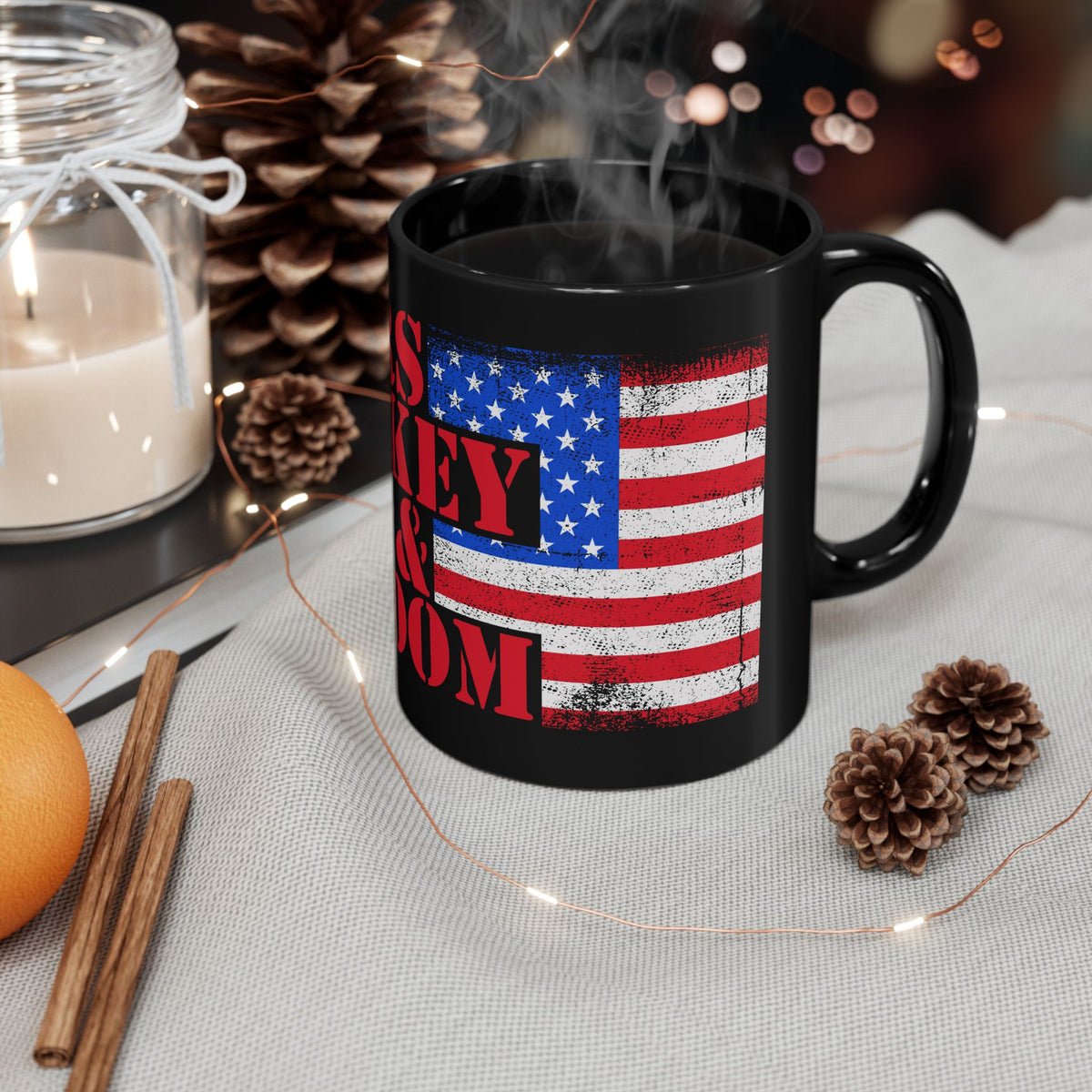 Black mug with American flag design and 'Daddy & Mom' text, surrounded by decorative items on a table.