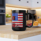 Black mug with American flag design and 'Fry Mom' text on a kitchen counter.