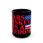 Black mug with red text and American flag design on a white background