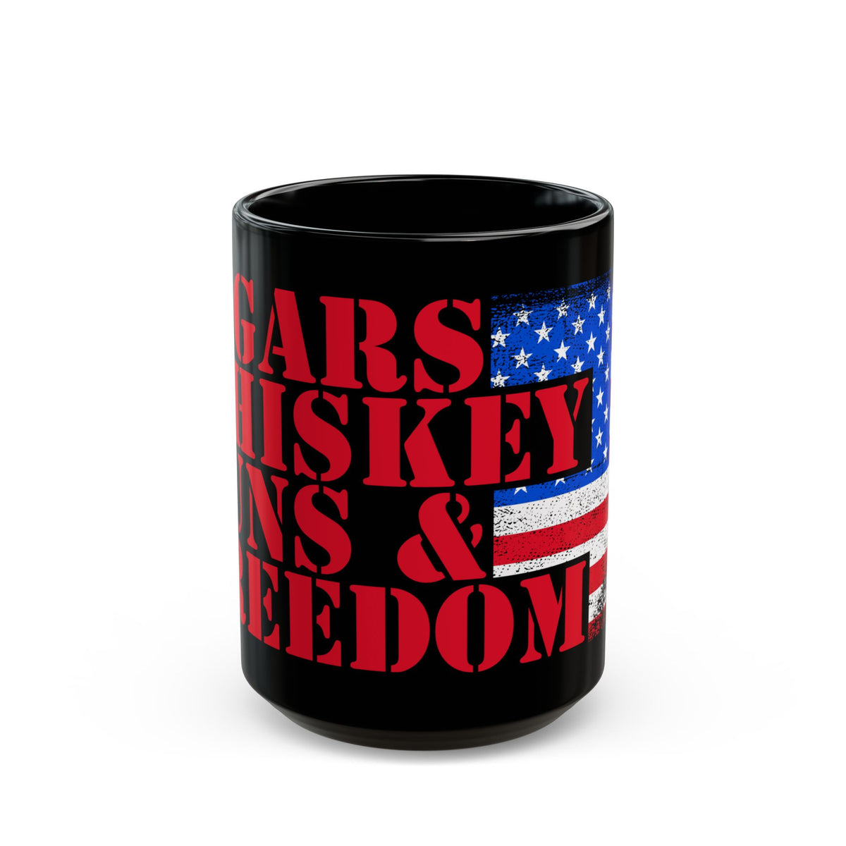 Black mug with red text and American flag design on a white background