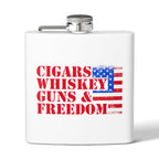 White flask with 'Cigars Whiskey Guns & Freedom' text and American flag design on a white background