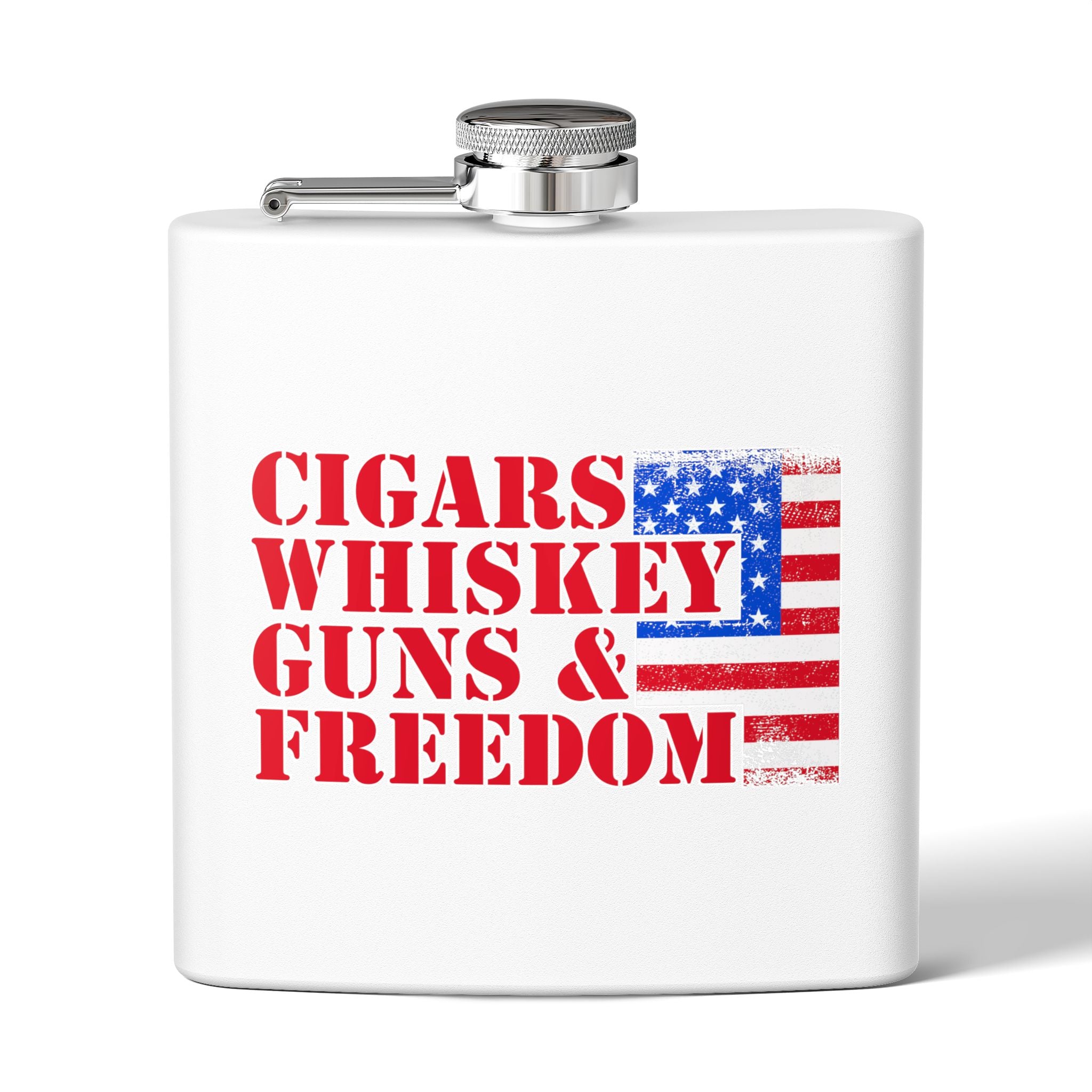 White flask with 'Cigars Whiskey Guns & Freedom' text and American flag design on a white background