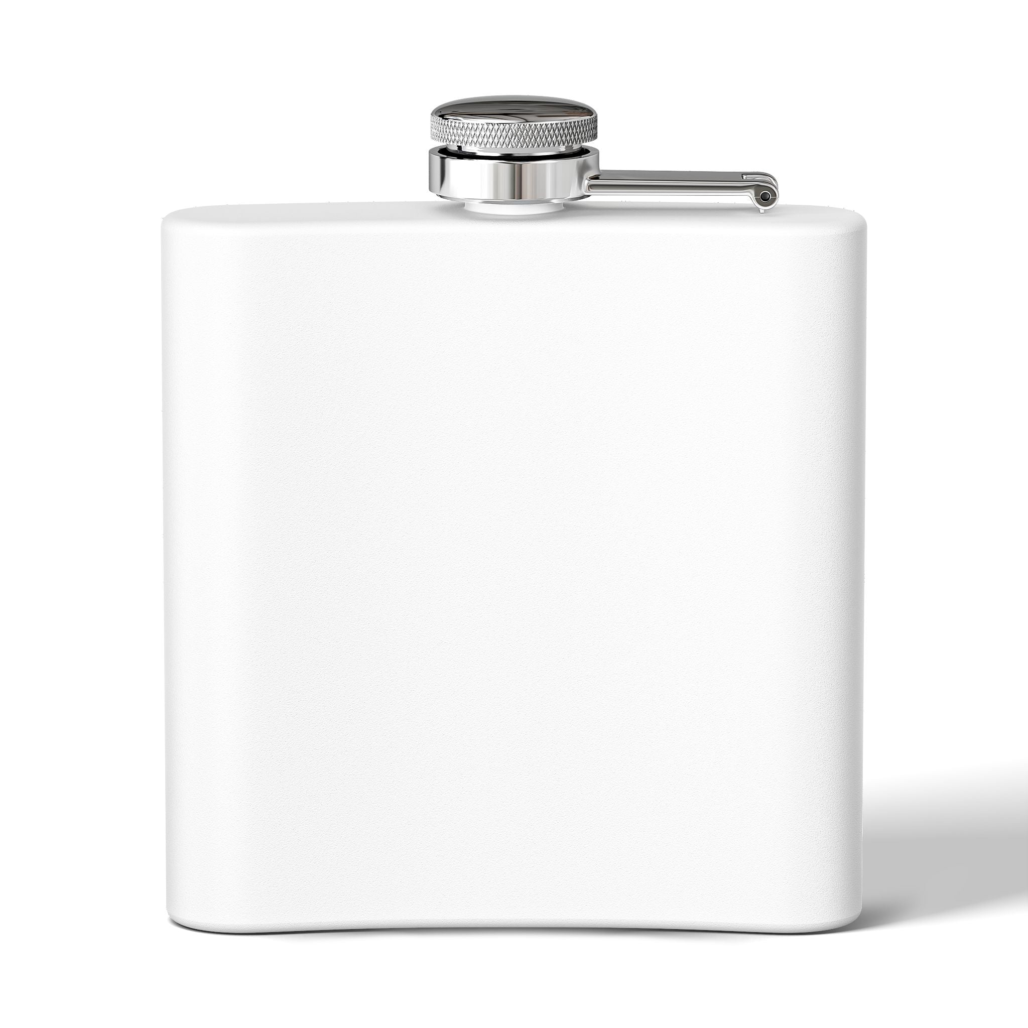 White hip flask with silver cap on a white background