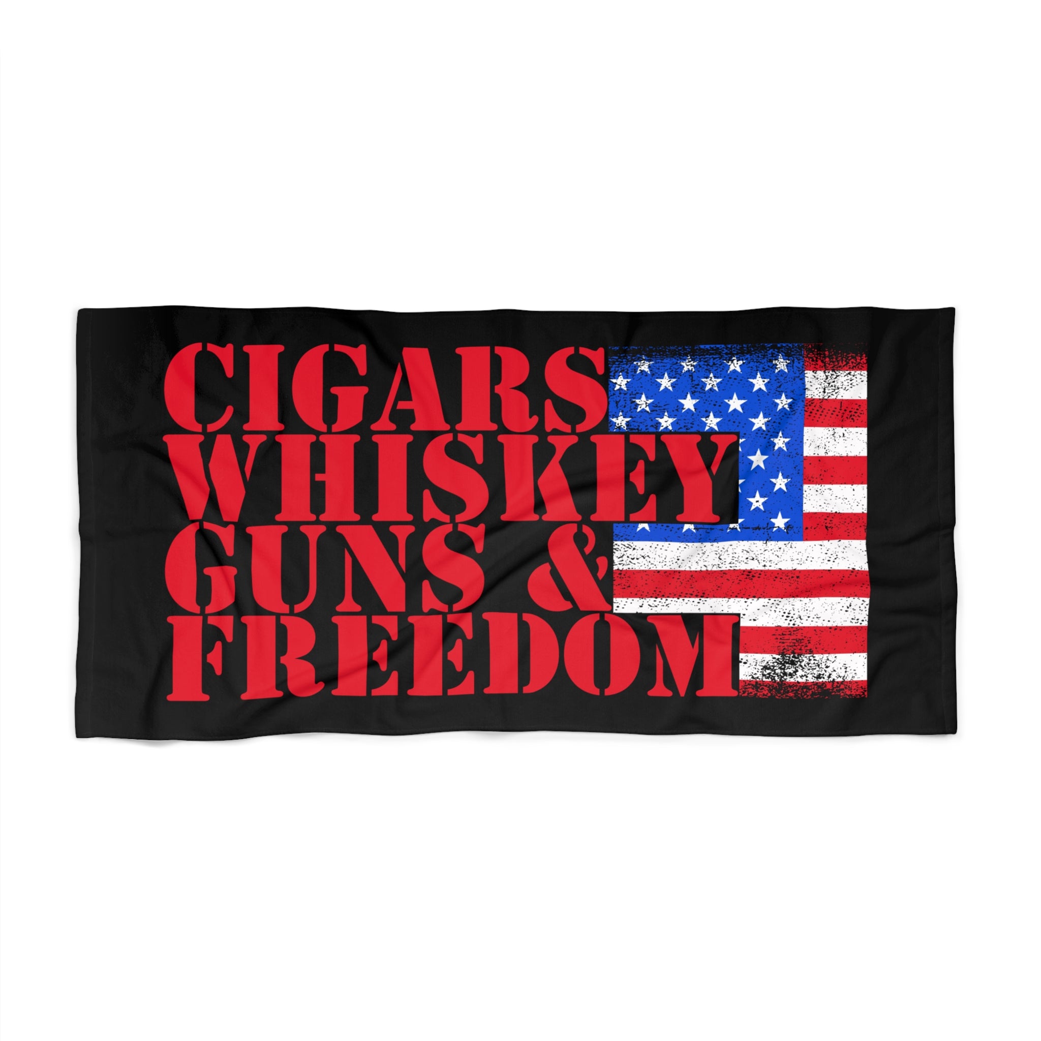 Black towel with red text 'CIGARS WHISKEY GUNS & FREEDOM' and an American flag design.