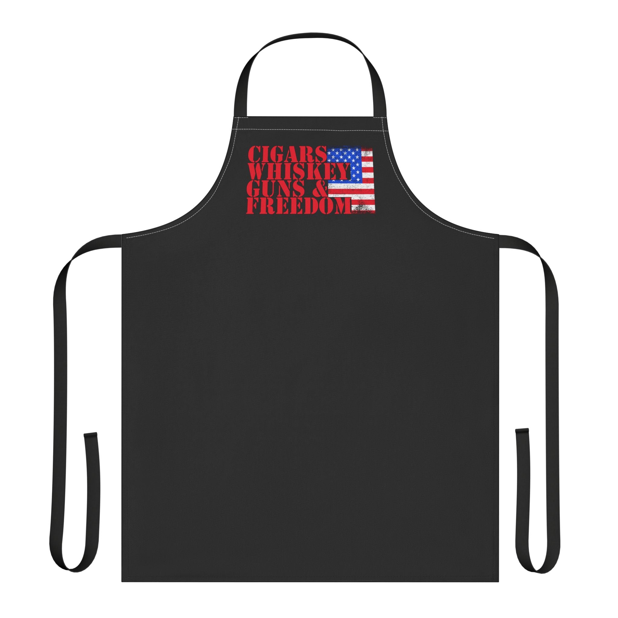 Black apron with 'CIGARS WHISKEY GUNS & FREEDOM' text and American flag design on a white background
