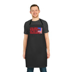 Man wearing a black apron with text and an American flag design on a white background