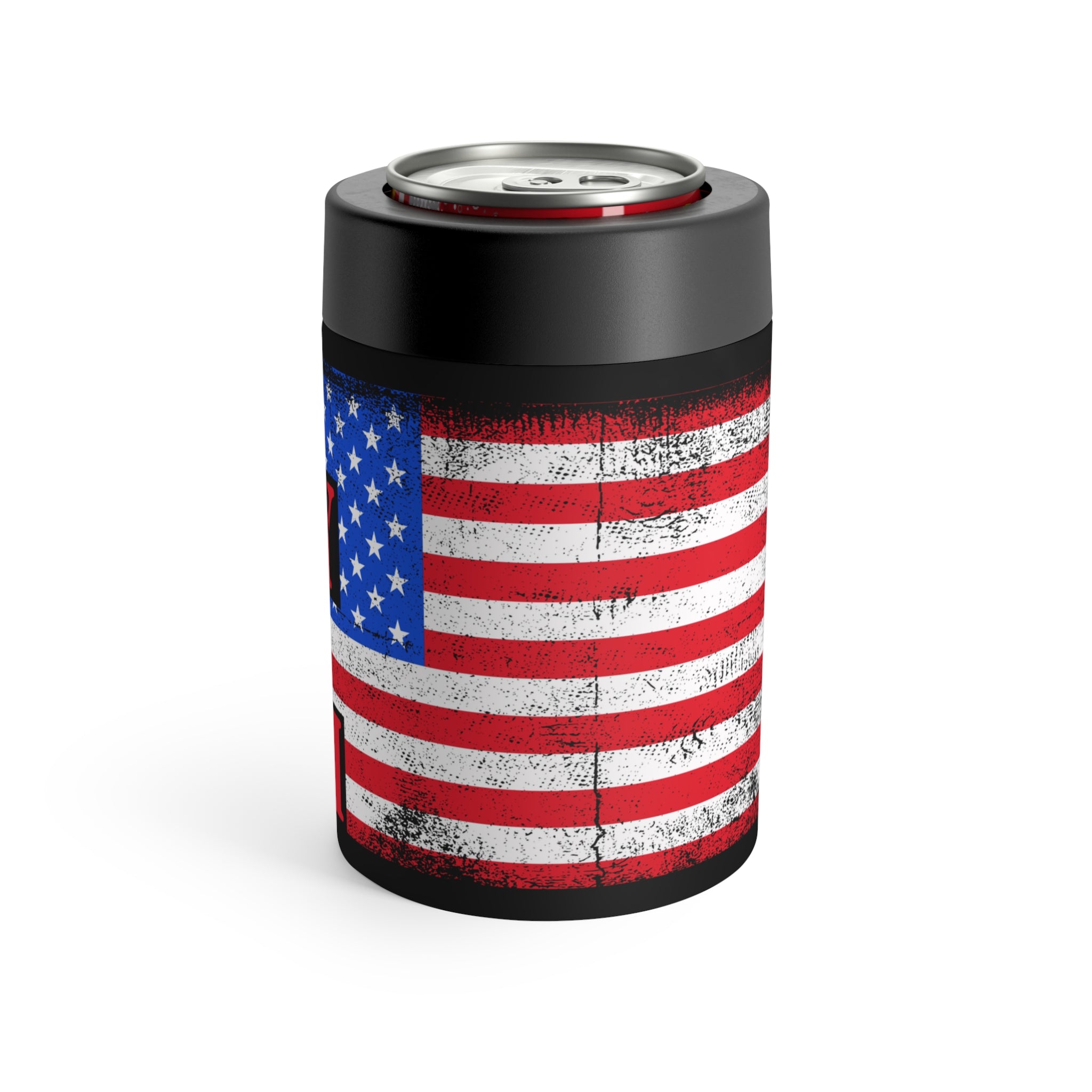 Can cooler with American flag design on a white background