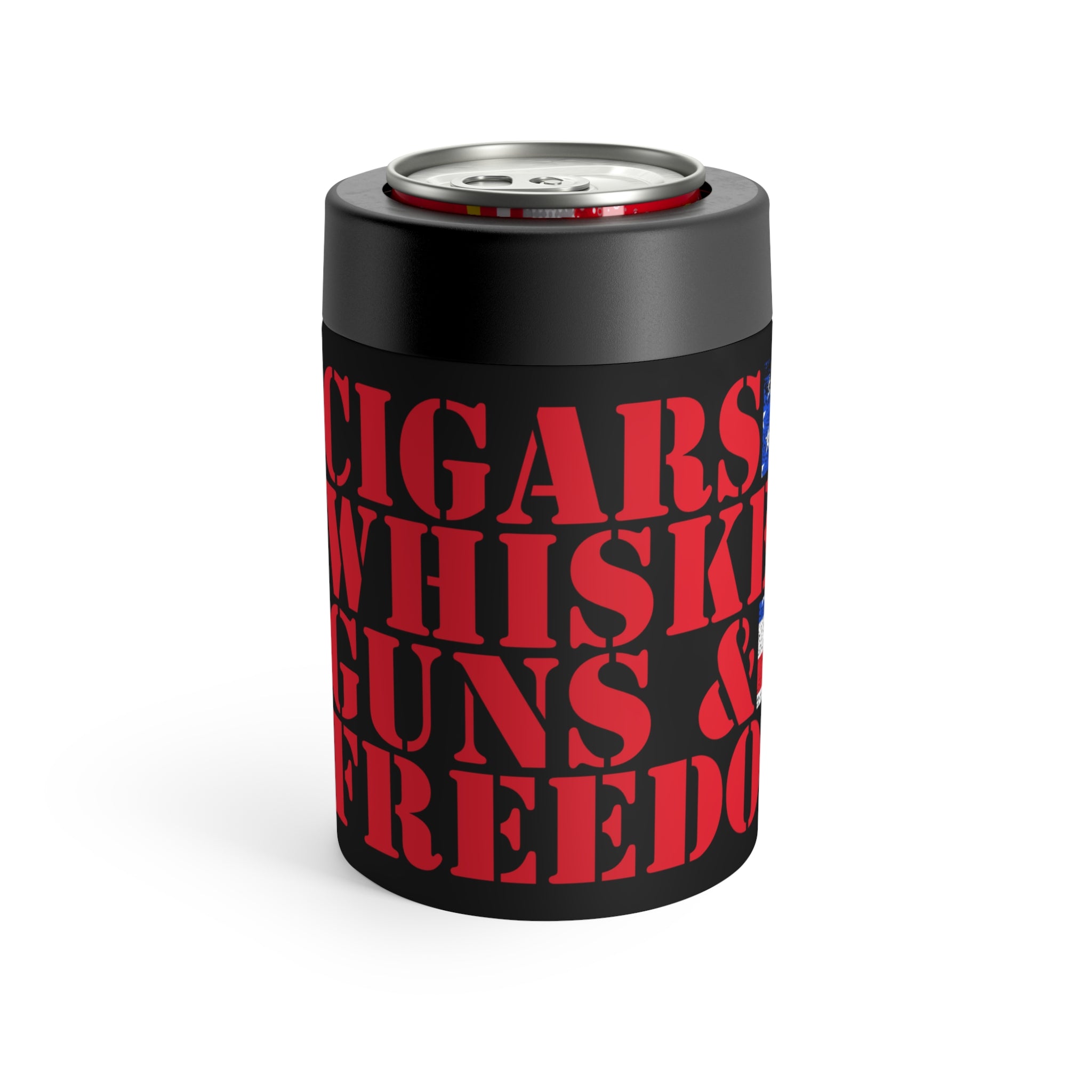 Black can cooler with red text on a white background