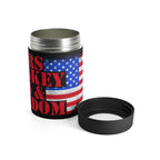 Thermos with American flag design and text on a white background