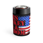 Black can cooler with American flag design and text on a white background