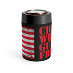 Black can cooler with American flag design and red text on a white background