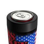 Black can cooler with American flag design holding a beer can on a white background