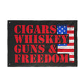 Flag with 'Cigars Whiskey Guns & Freedom' text and American flag design on a black background