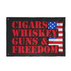 Flag with 'Cigars Whiskey Guns & Freedom' text and American flag design on a black background