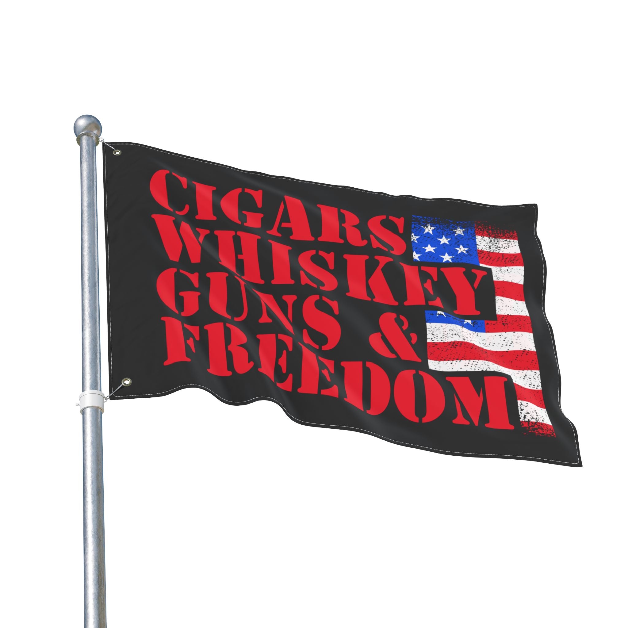 Flag with text 'Cigars Whiskey Guns & Freedom' and American flag design on a white background
