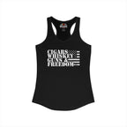 A black racerback tank top with a white graphic print on the front reading 'CIGARS WHISKEY GUNS & FREEDOM' alongside a distressed American flag design. The brand name 'Religaze' is visible on the inner neck label.