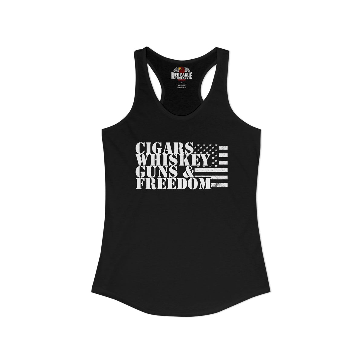 A black racerback tank top with a white graphic print on the front reading 'CIGARS WHISKEY GUNS & FREEDOM' alongside a distressed American flag design. The brand name 'Religaze' is visible on the inner neck label.