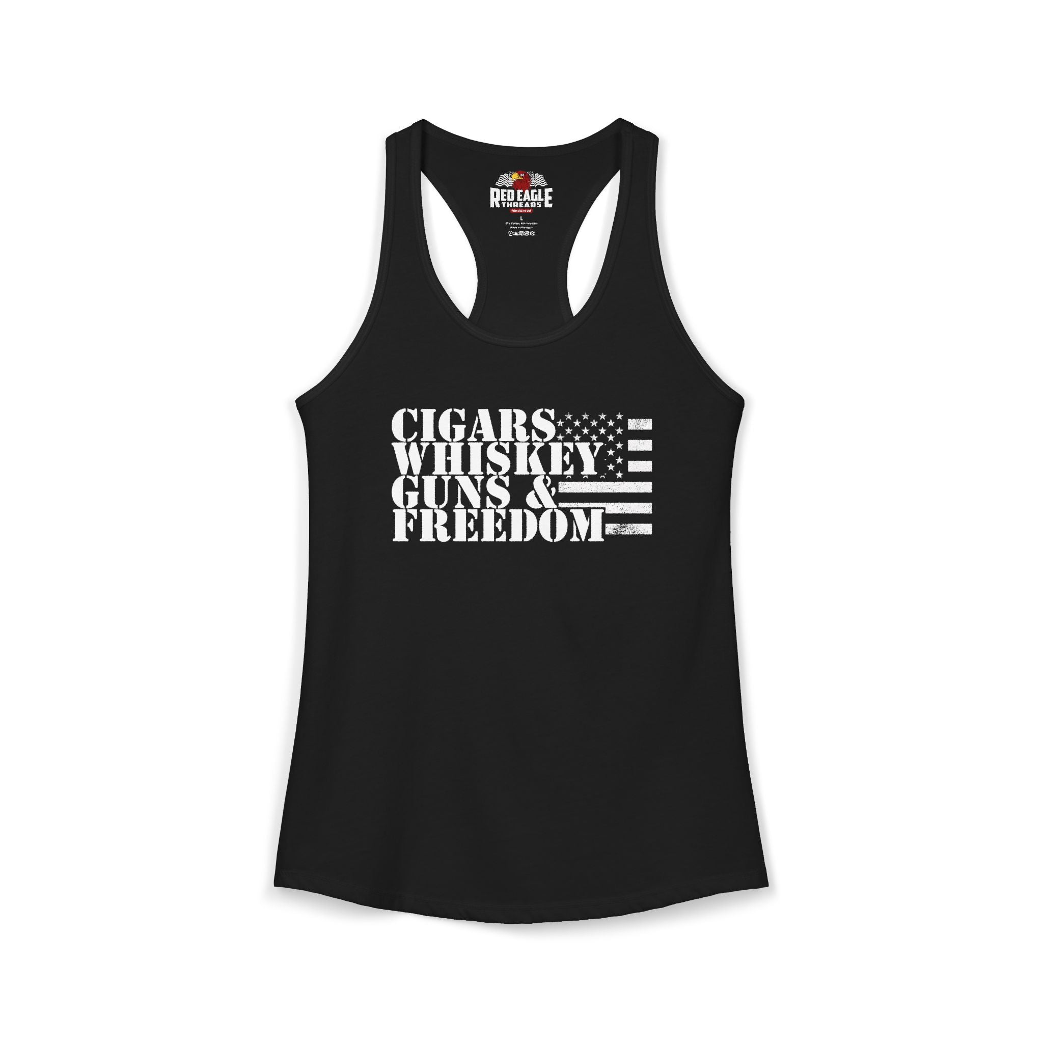 Black tank top with text 'CIGARS WHISKEY GUNS & FREEDOM' on a white background