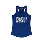 Blue tank top with 'Cigars Whiskey Guns & Freedom' text on a white background