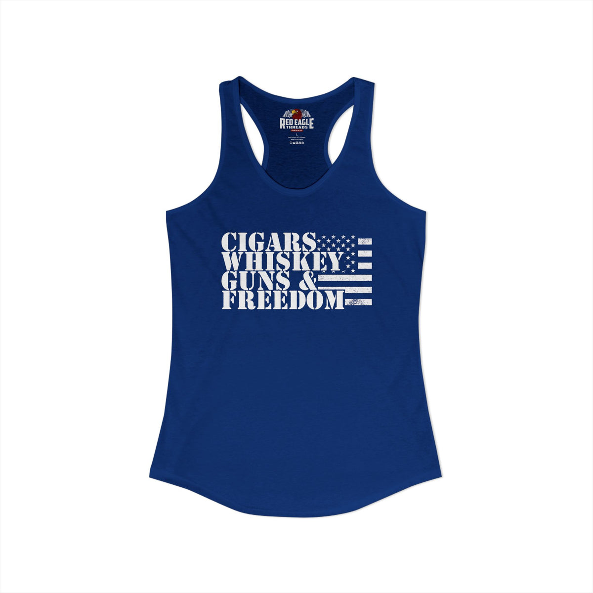 Blue tank top with 'Cigars Whiskey Guns & Freedom' text on a white background