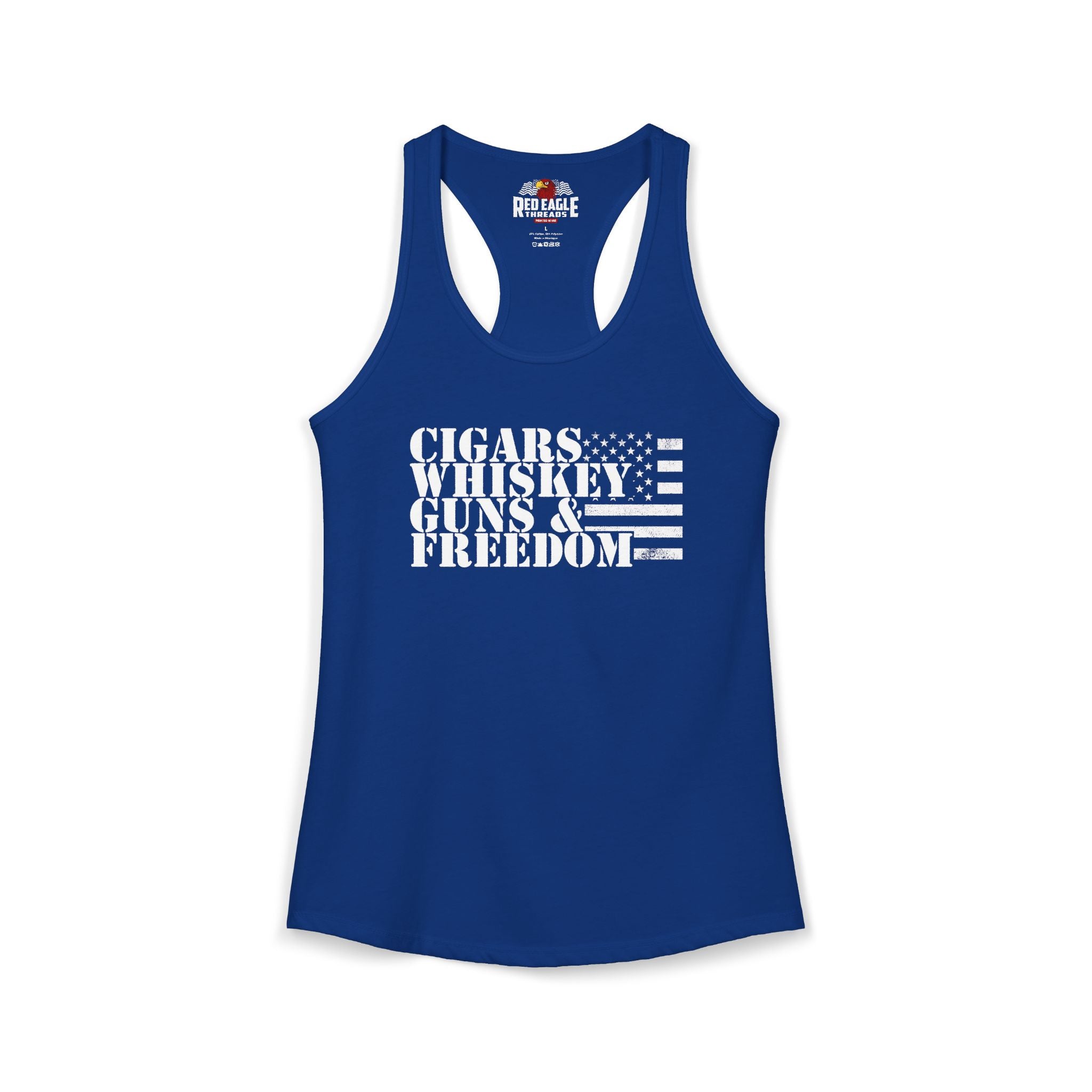 Blue tank top with text 'CIGARS WHISKEY GUNS & FREEDOM' on a white background