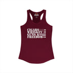 Maroon tank top with text 'CIGARS WHISKEY GUNS & FREEDOM' on a white background