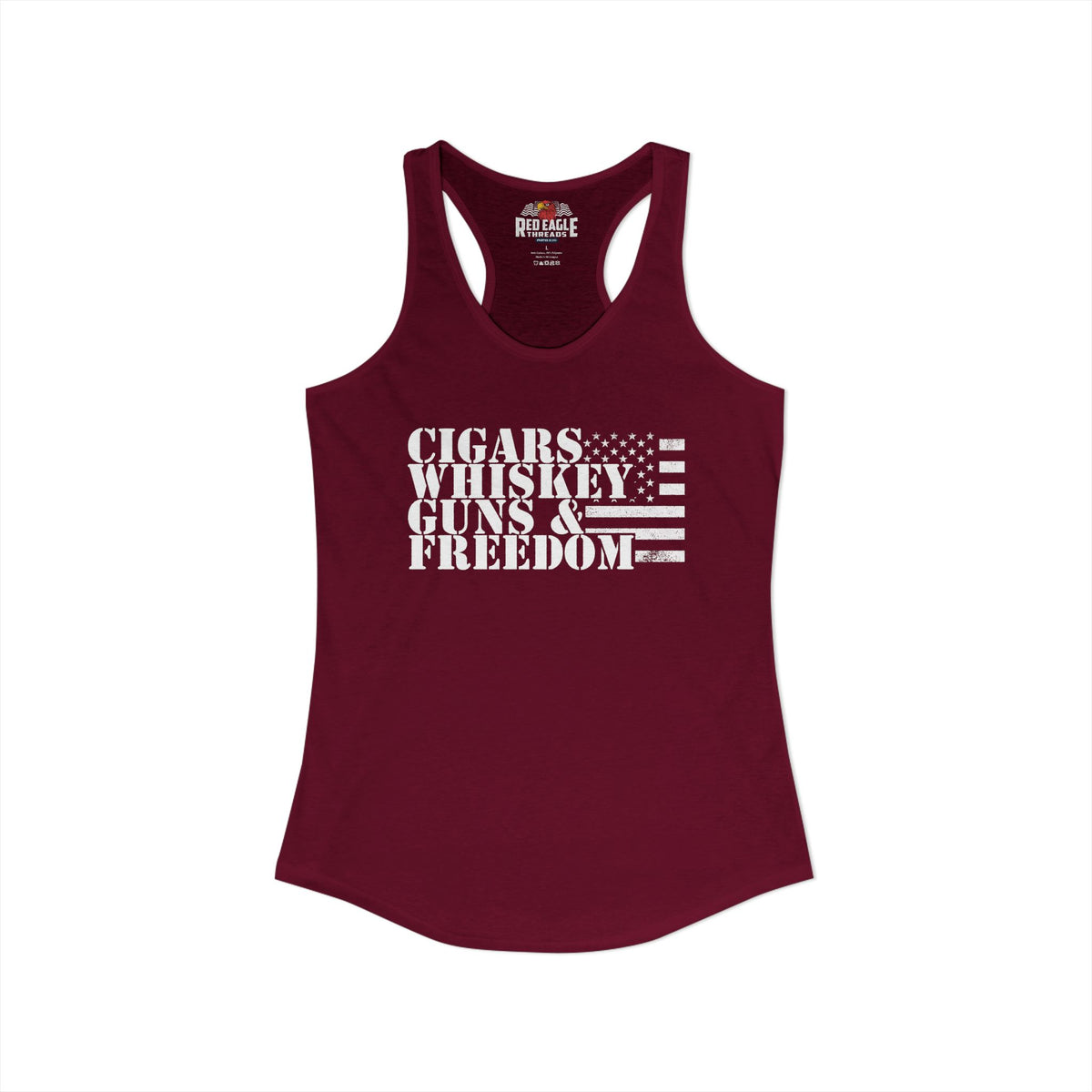 Maroon tank top with text 'CIGARS WHISKEY GUNS & FREEDOM' on a white background