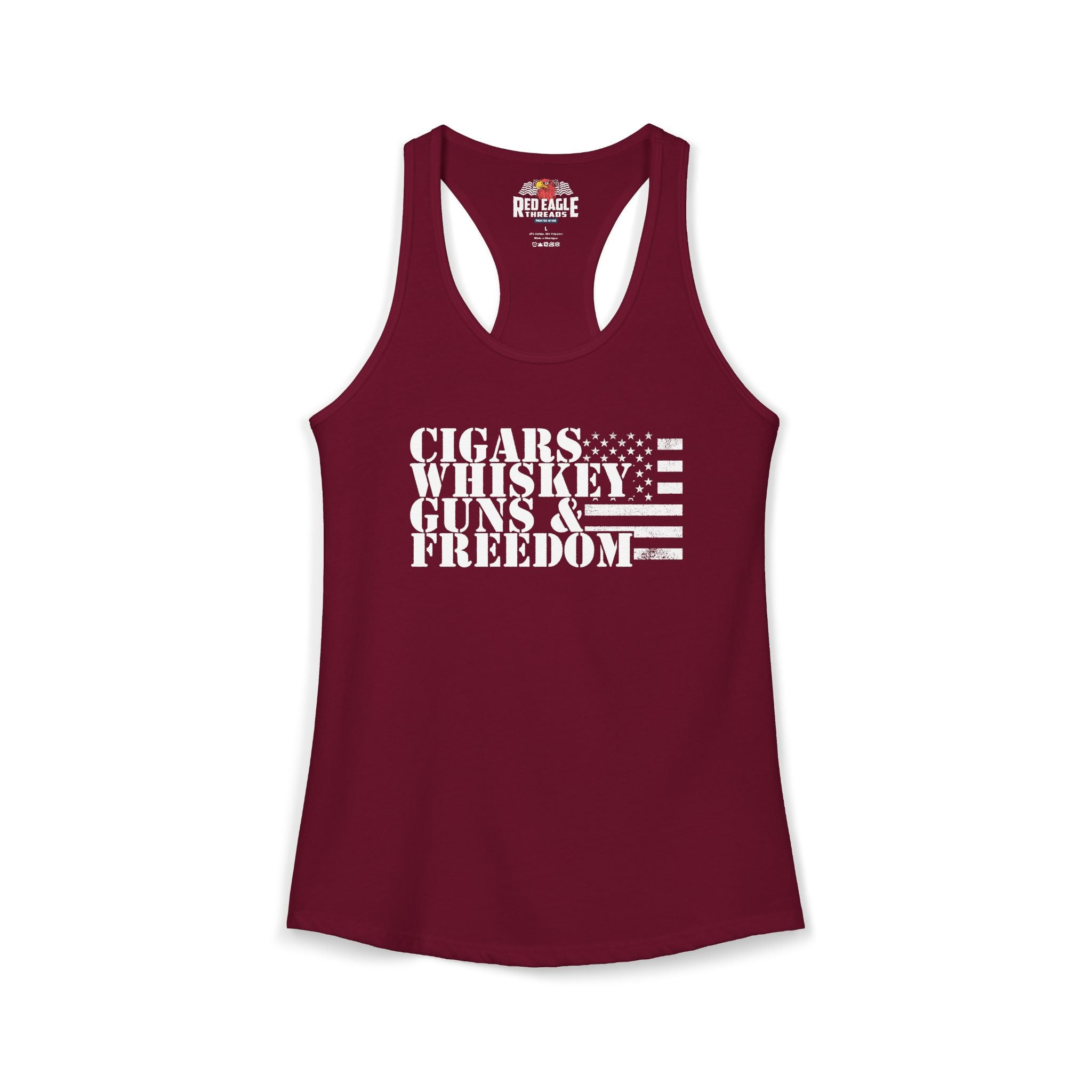 Maroon tank top with text and flag design on a white background