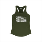 An olive green racerback tank top with a white graphic print on the front reading 'CIGARS WHISKEY GUNS & FREEDOM' alongside a distressed American flag design. The brand 'Religaze' is visible on the inner neck label.