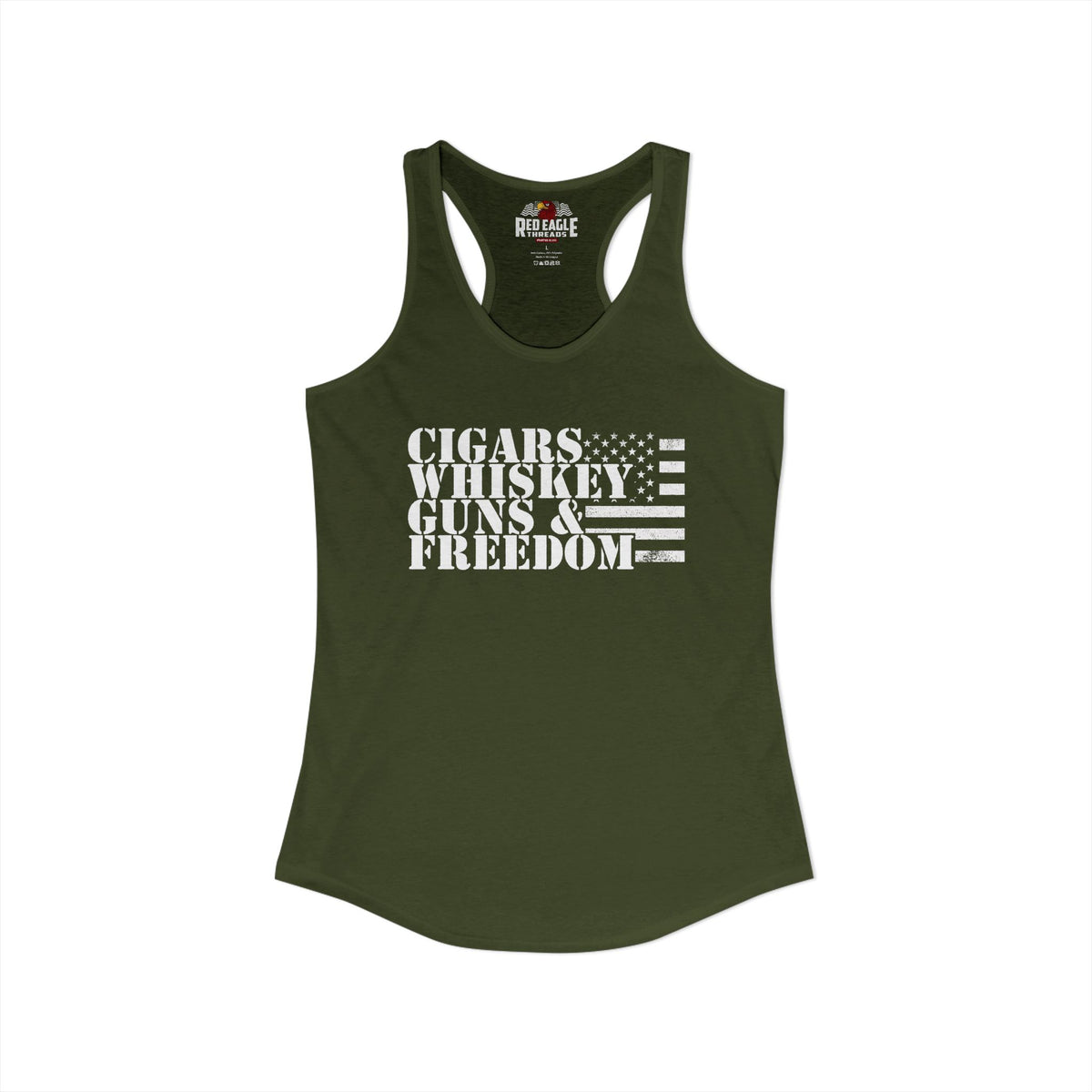 An olive green racerback tank top with a white graphic print on the front reading 'CIGARS WHISKEY GUNS & FREEDOM' alongside a distressed American flag design. The brand 'Religaze' is visible on the inner neck label.
