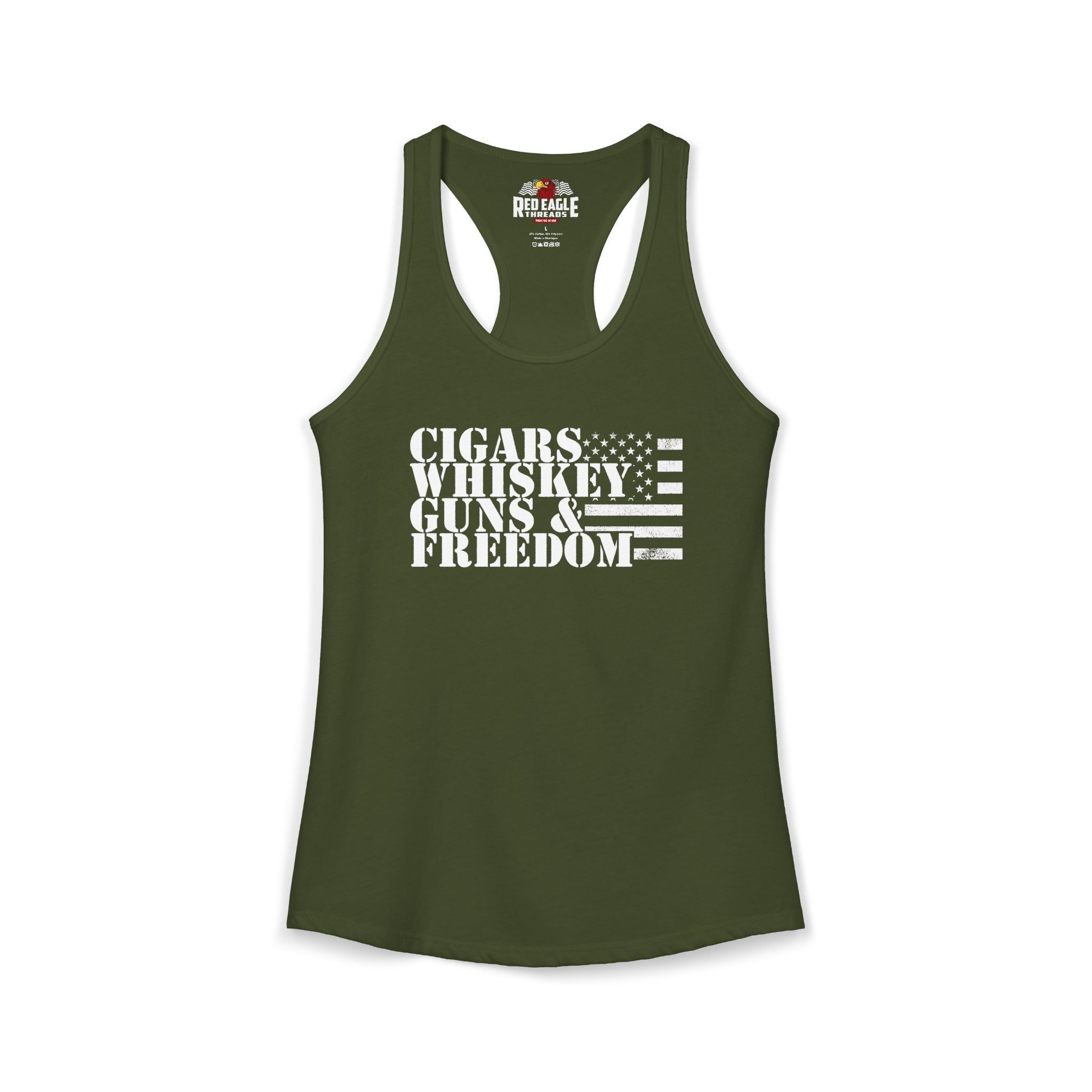 Green tank top with text 'Cigars Whiskey Guns & Freedom' on a white background