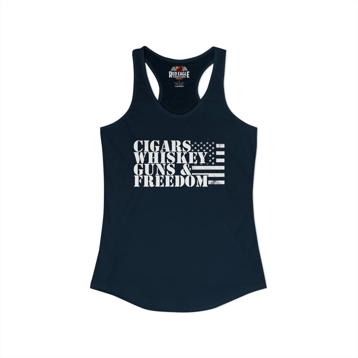 Navy Blue tank top with 'Cigars Whiskey Guns & Freedom' text on a white background