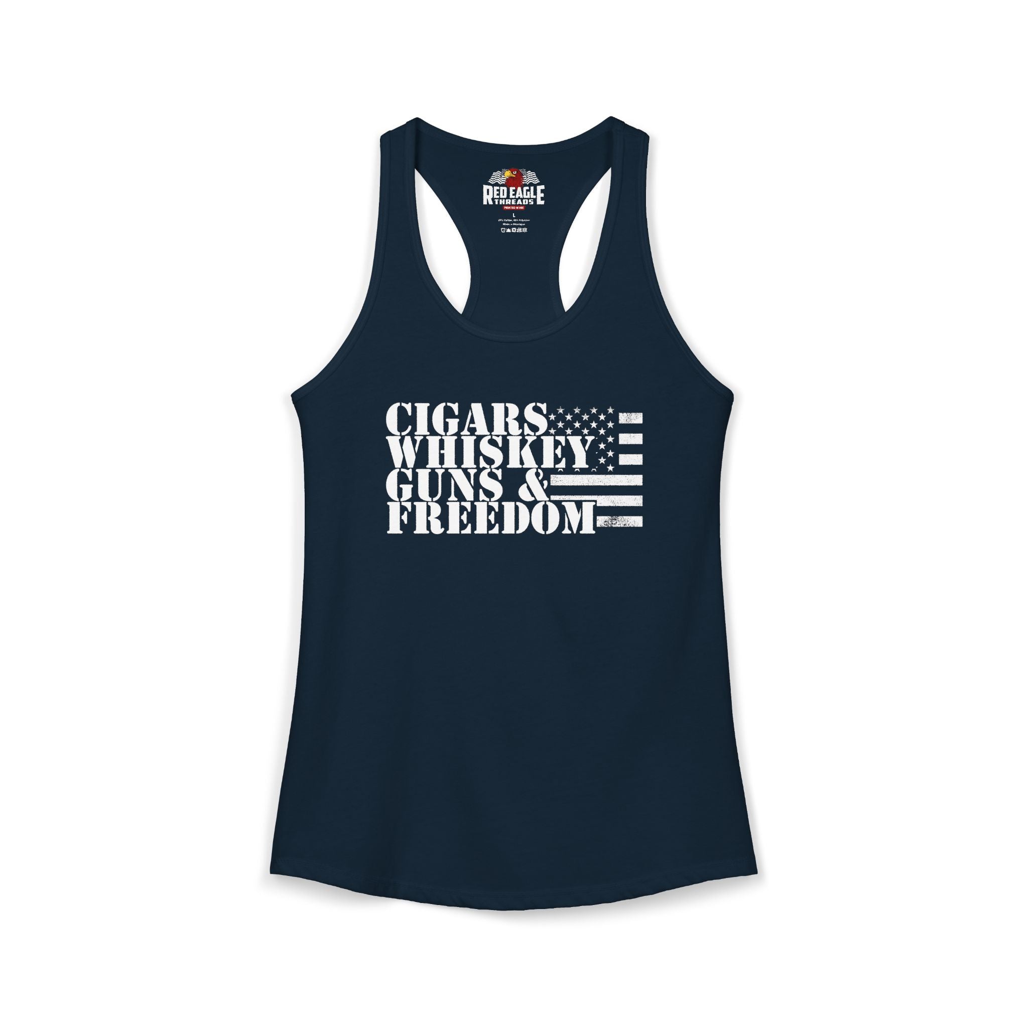 Navy tank top with 'Cigars Whiskey Guns & Freedom' text and American flag design on a white background.