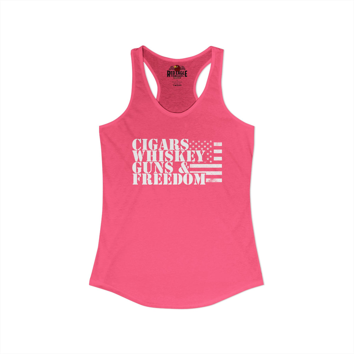 Pink tank top with text 'CIGARS WHISKEY GUNS & FREEDOM' on a white background