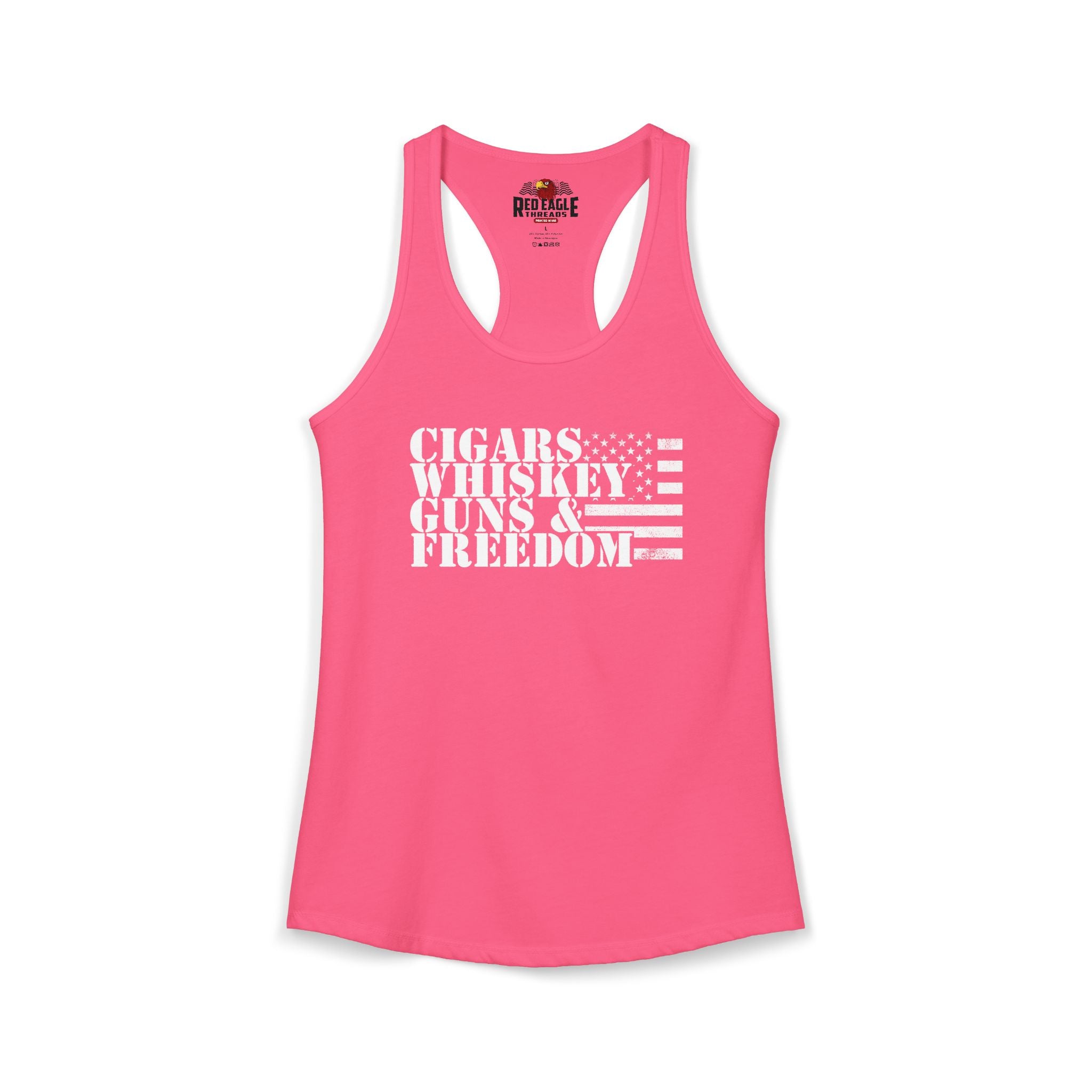 Pink tank top with white text and flag design on a white background