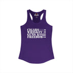 Purple tank top with text 'CIGARS WHISKEY GUNS & FREEDOM' on a white background