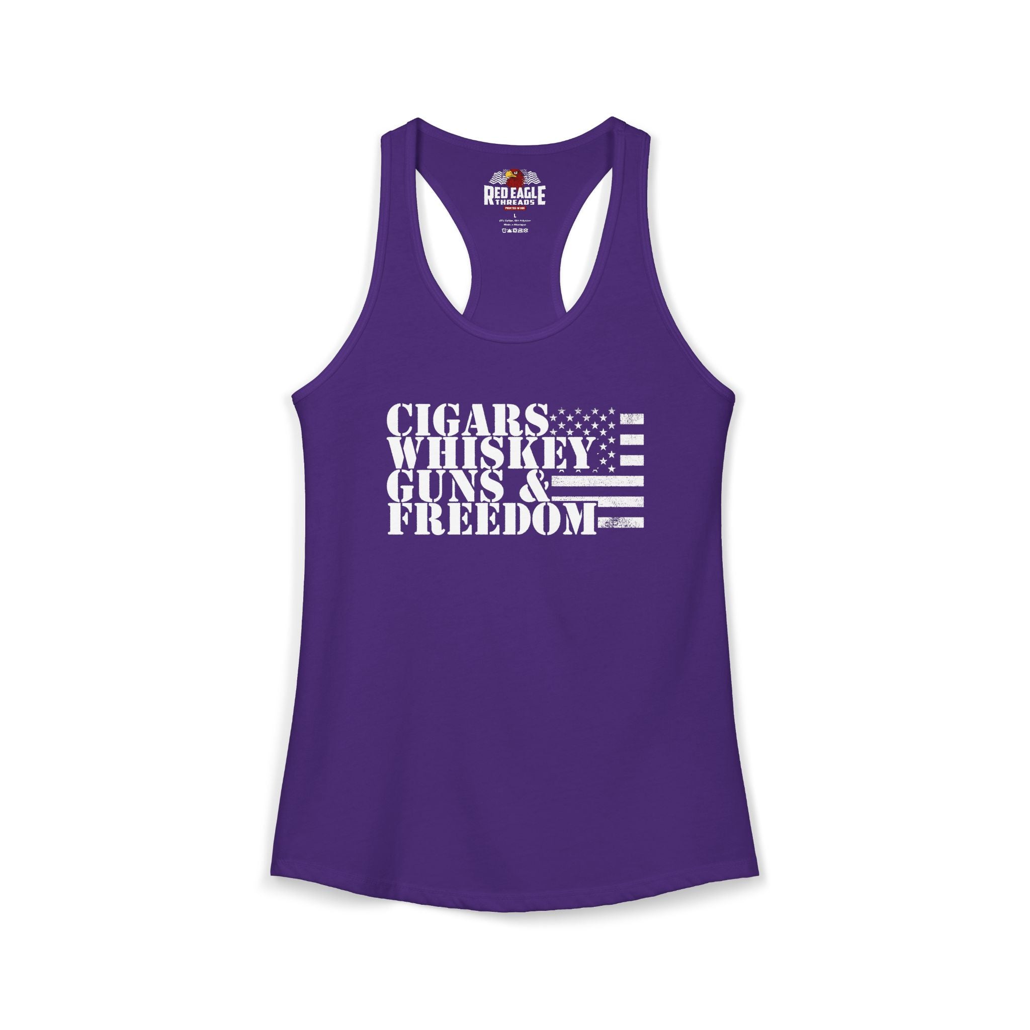 Purple tank top with text 'CIGARS WHISKEY GUNS & FREEDOM' on a white background