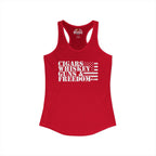Red tank top with white text and American flag design on a white background