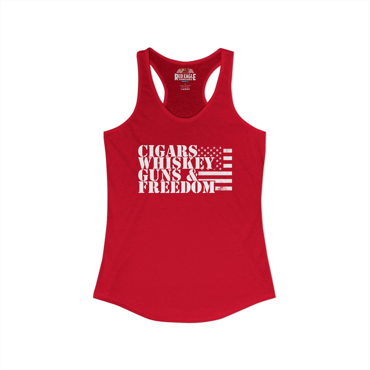 Red tank top with white text and American flag design on a white background