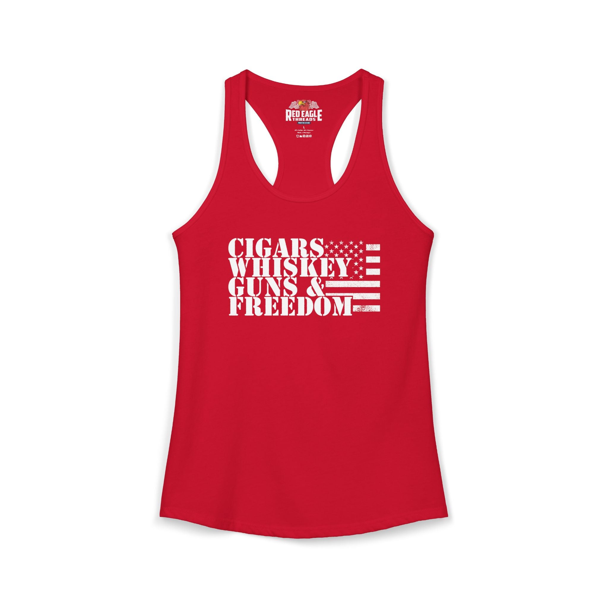 Red tank top with white text and American flag design on a white background