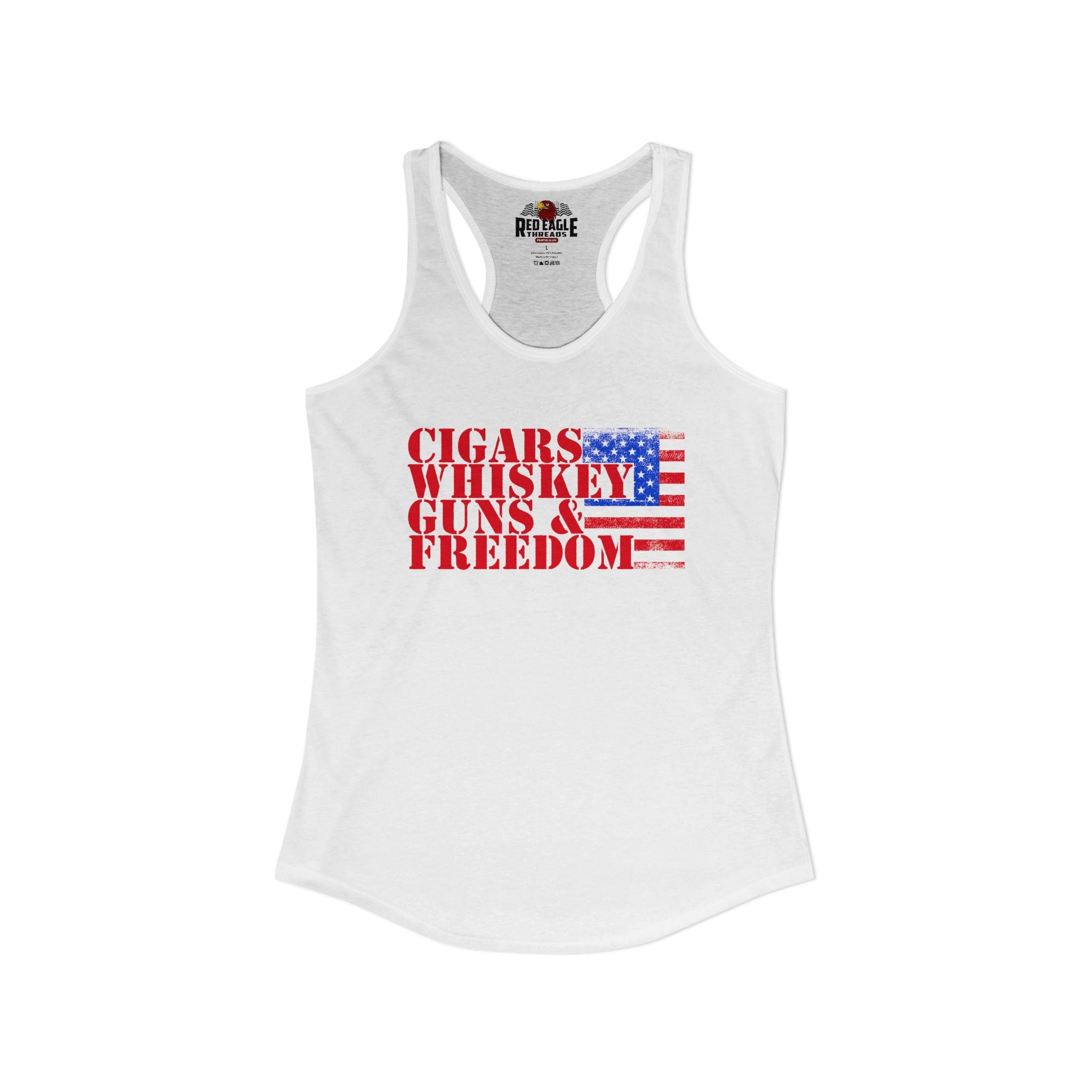 White tank top with 'Cigars Whiskey Guns & Freedom' text and American flag design on a white background.