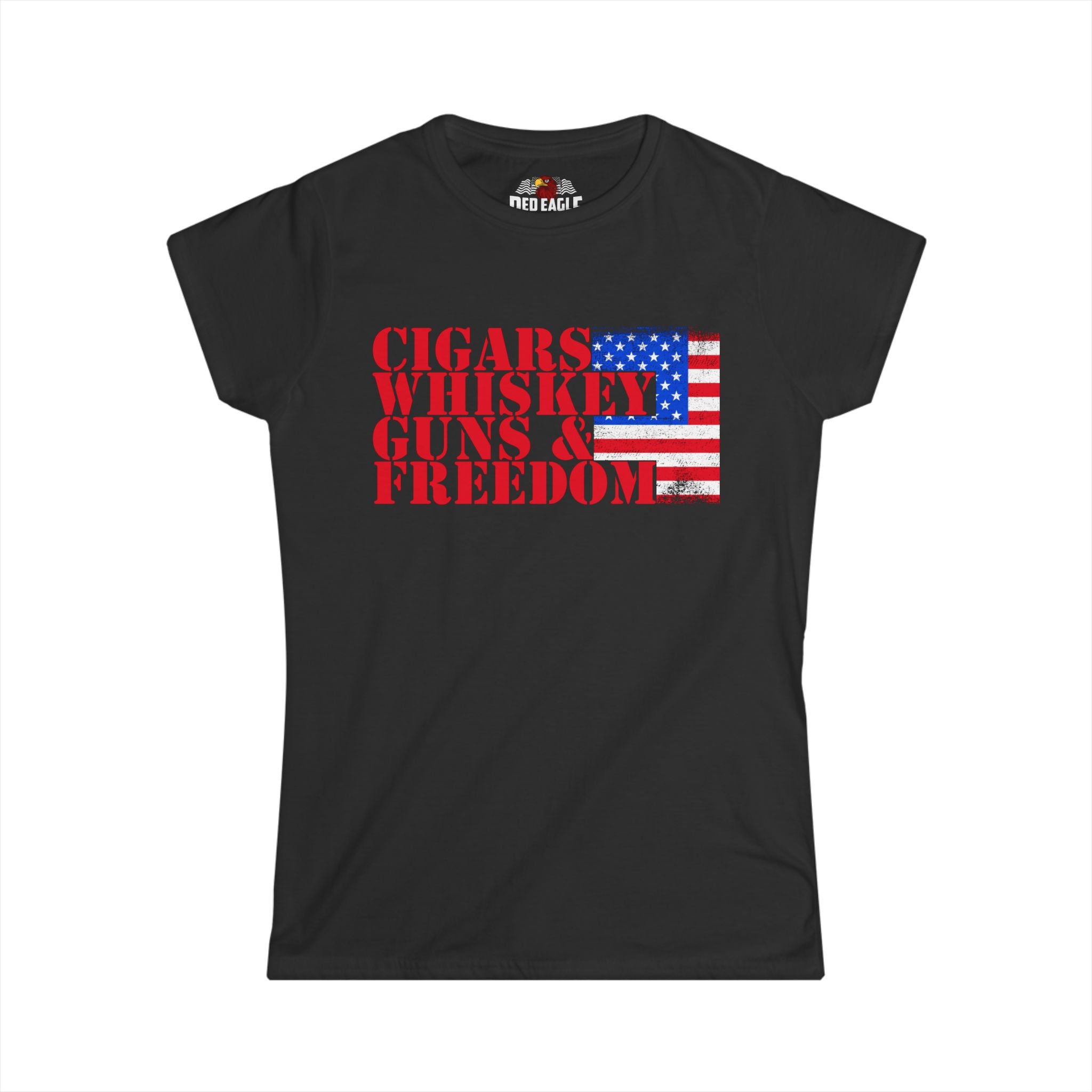Black t-shirt with 'Cigars Whiskey Guns & Freedom' text and American flag design on a white background